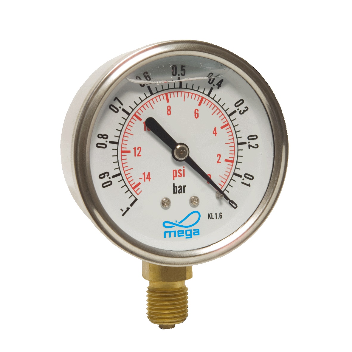 95000010049 RVS manometer 63mm 0 - 25bar gevuld 1/4" mes. aansluiting