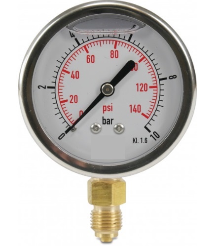 95000859933 RVS manometer 63mm 0 - 16bar gevuld 1/4" mes. aansluiting